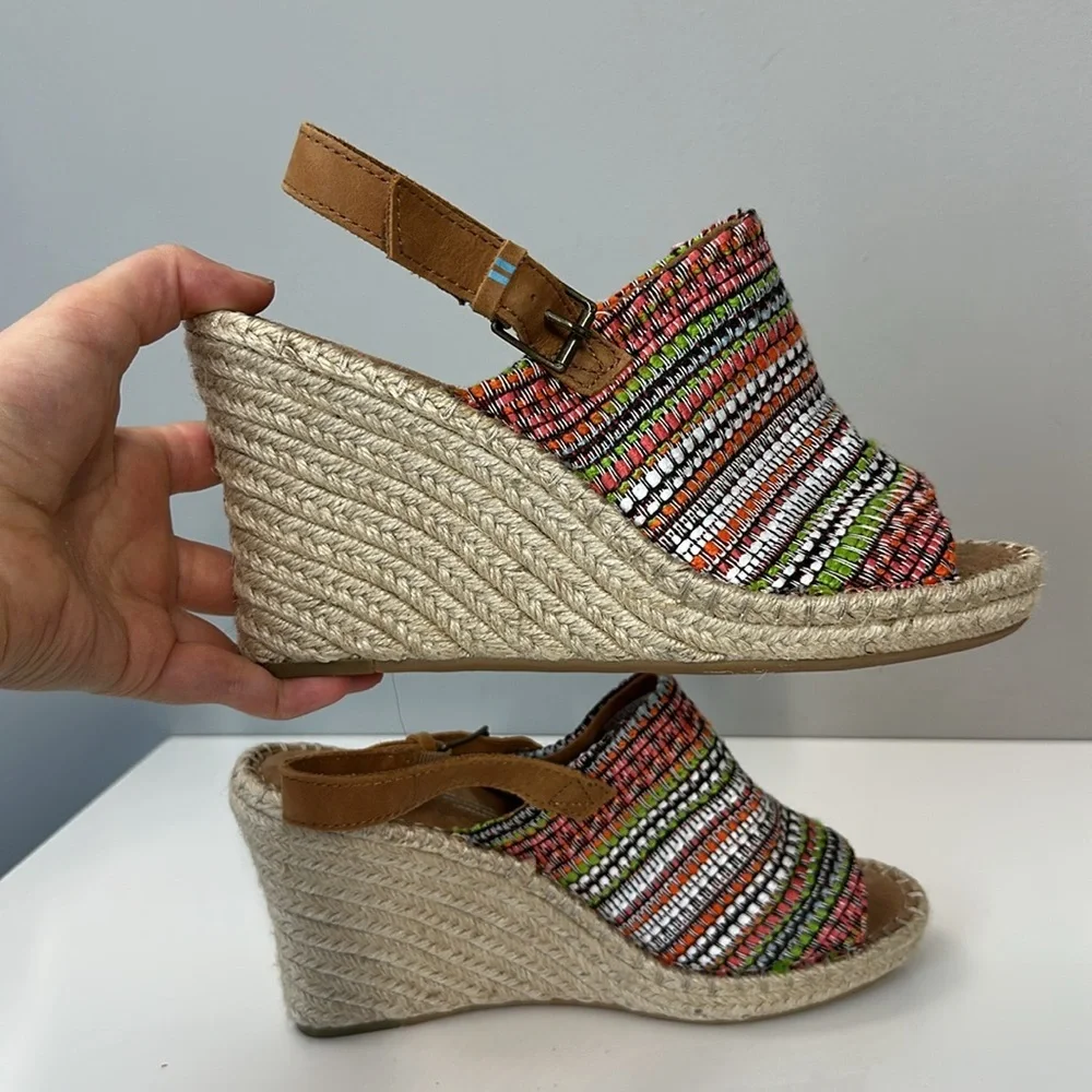 Toms Monica Wedge Espadrille Global Woven Sandals Size 9.5 Boho Hippie Festival